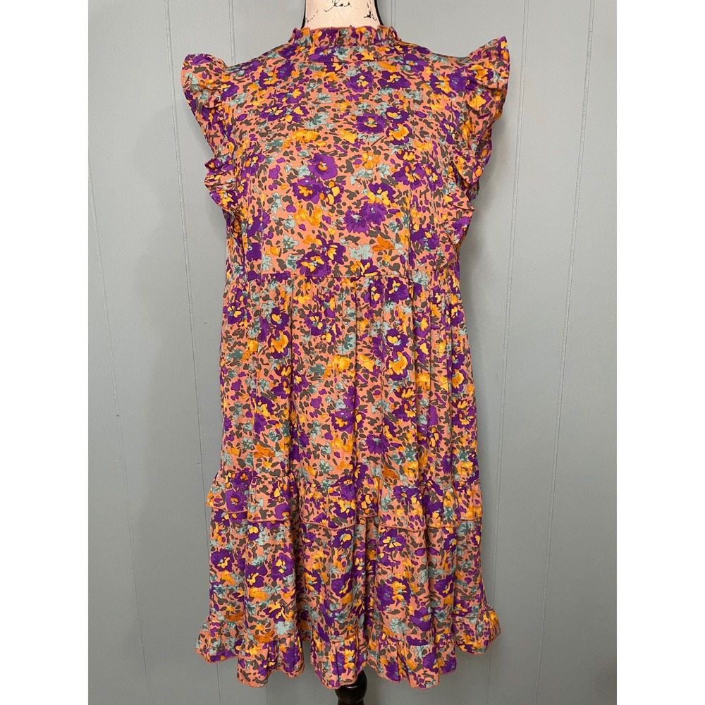 Jodifl Floral Ruffle Tiered Dress Women Medium Purple Orange Excellent